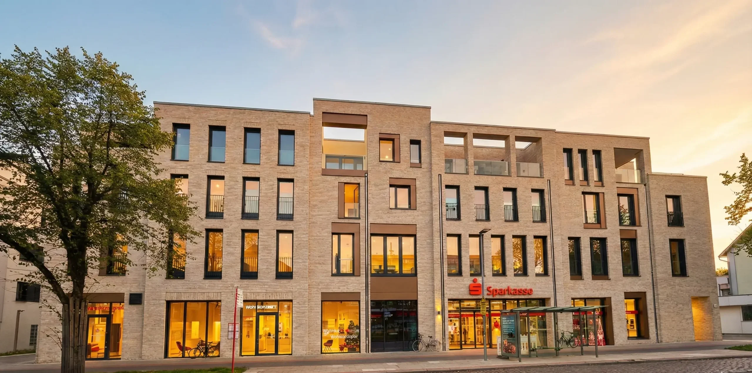 Modernes Backsteingebäude in Buxtehude am Abend mit beleuchtetem Hörkonzept Fachgeschäft und Sparkasse.